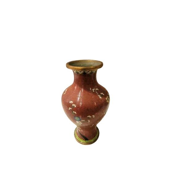 Vintage Chinese Cloisonne Vase Floral Rust Gold Small Home Decor 6.5" - Picture 4 of 7
